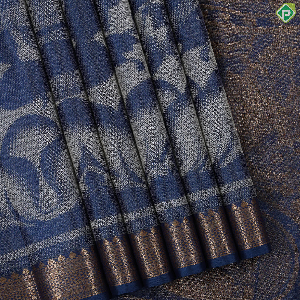 Robin blue cream white historical British major general painting design self gold zari border trendy silk saree