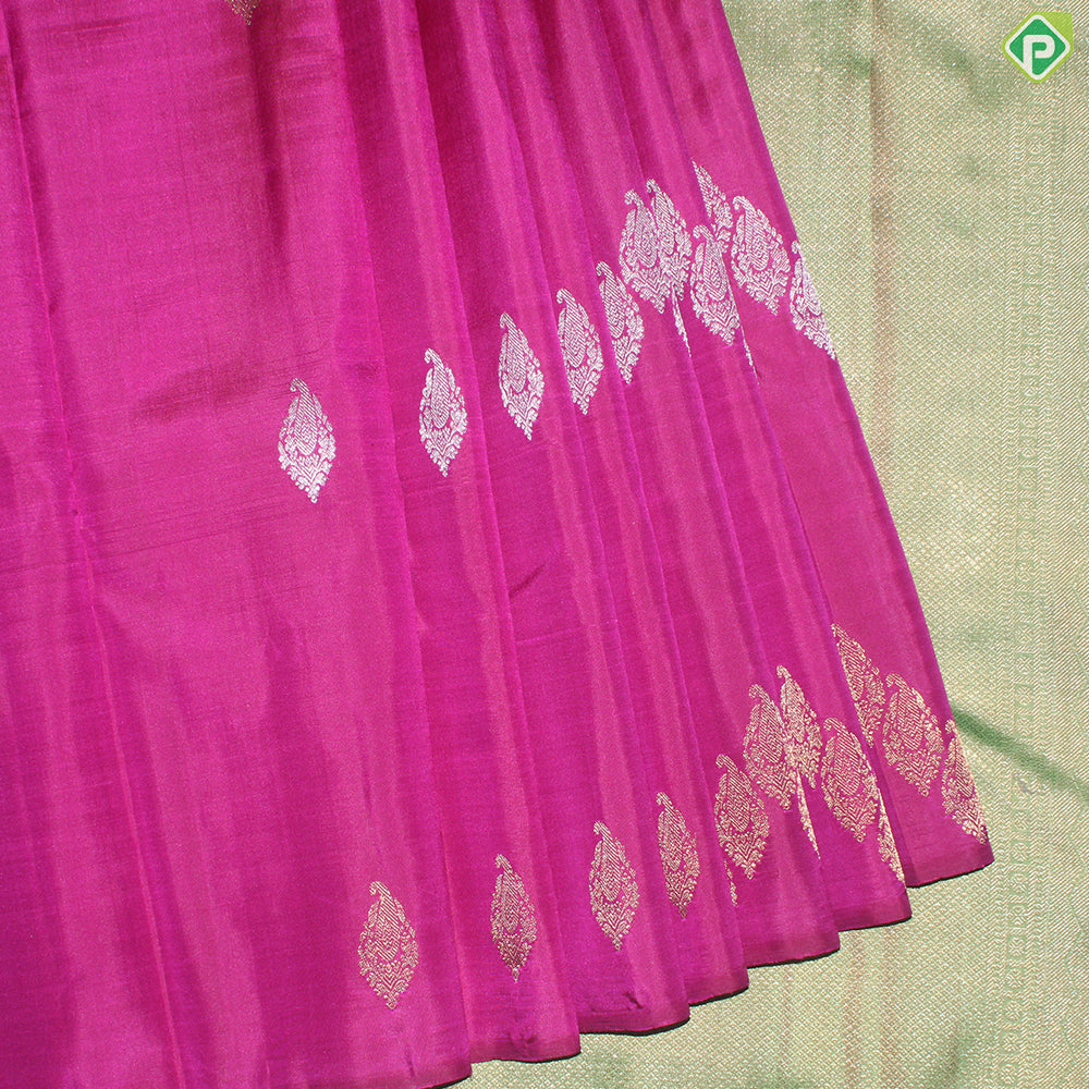 Magenta With Silver And Gold Zari Waves Butta Design Borderless Trendy Designer Silk Saree