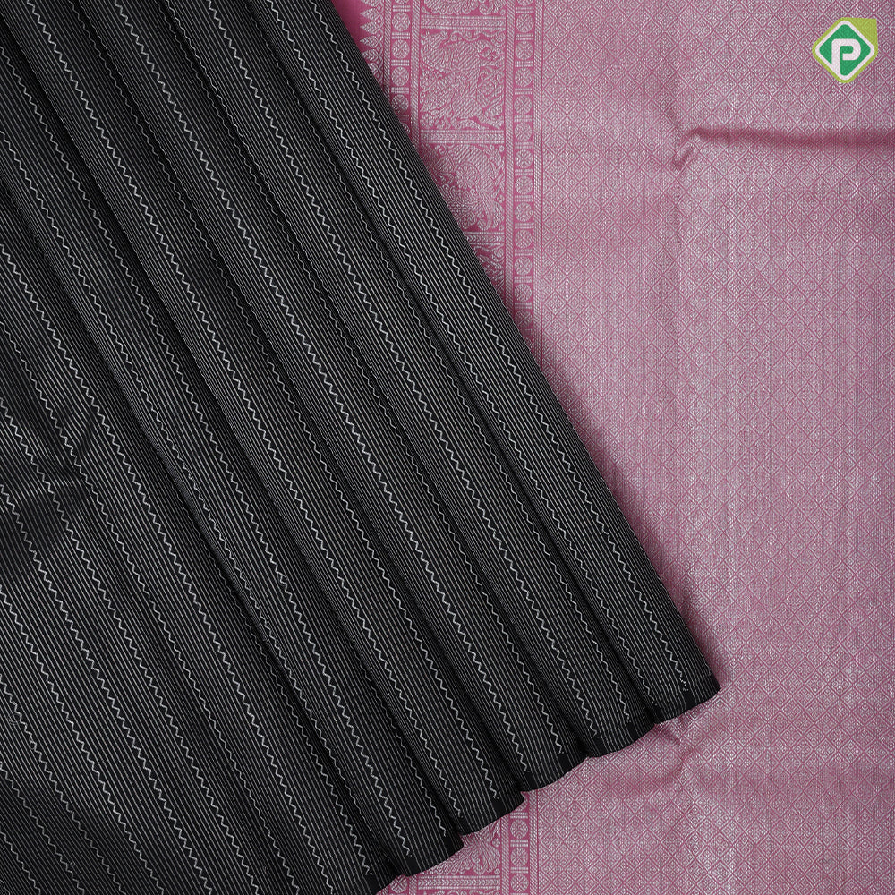 Black Colour Silver Zari Zig Zag And Straight Lines Design Border Less Luxury Black Silk Saree