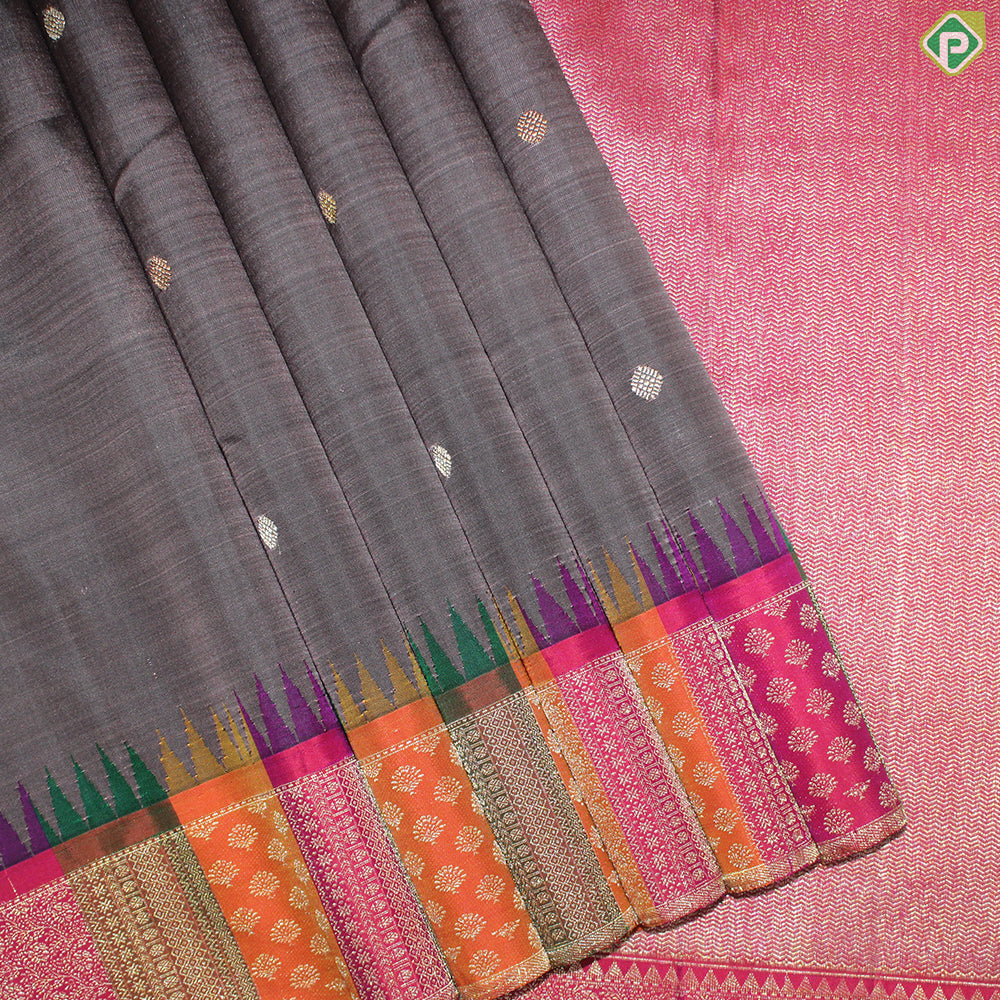 Chocolate Brown Gold Zari Small Motif With Multi color Border Traditional Silk Saree