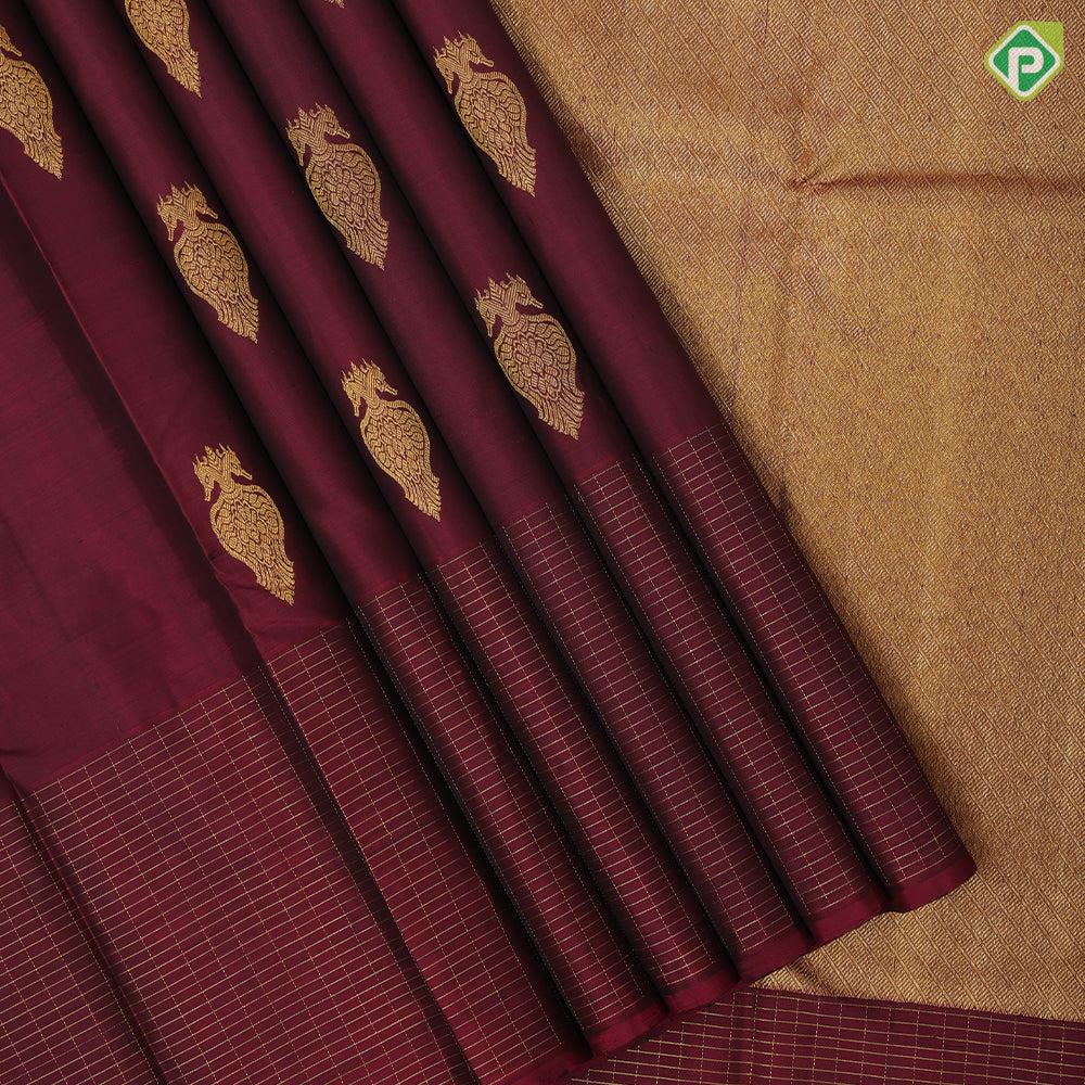 Maroon gold zari Kandapiranda butta design self vairaoosi checks border traditional silk saree