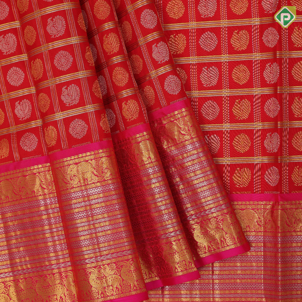 Chilly red silver gold zari checks and annam chakkaram butta rani pink silver gold zari velthari lines pattu paavadai