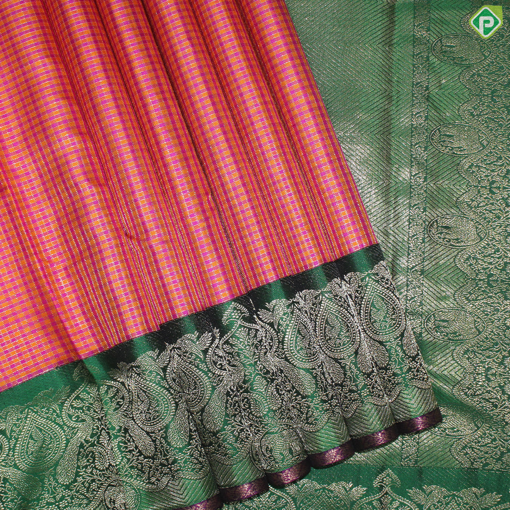 Fanta Orange And Pink Color Checked Gold Zari With Green Color Peacock Design Border Traditional Silk Saree