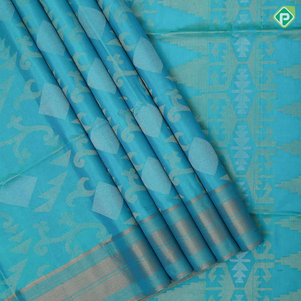 Pinkish orange silver gold zari diamond geometrical design self gold zari lines border soft silk saree