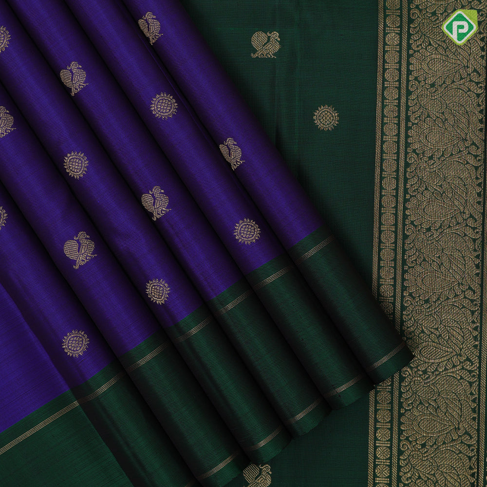 Indigo blue gold zari rudraksham annam butta motifs contrast green gold zari retta pett border traditional silk saree