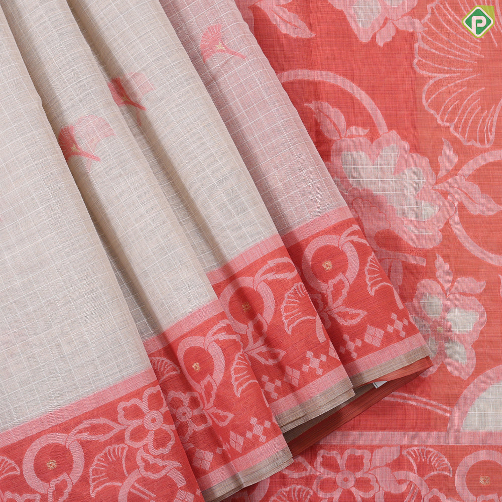 wood beige cream checked flower design contrast pink cream modern art border fancy cotton saree