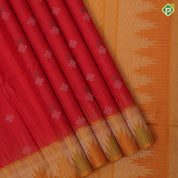 Tomato red silver zari silk thread fancy butta mustard yellow silver zari temple border soft silk saree