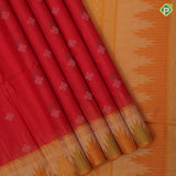 Tomato red silver zari silk thread fancy butta mustard yellow silver zari temple border soft silk saree