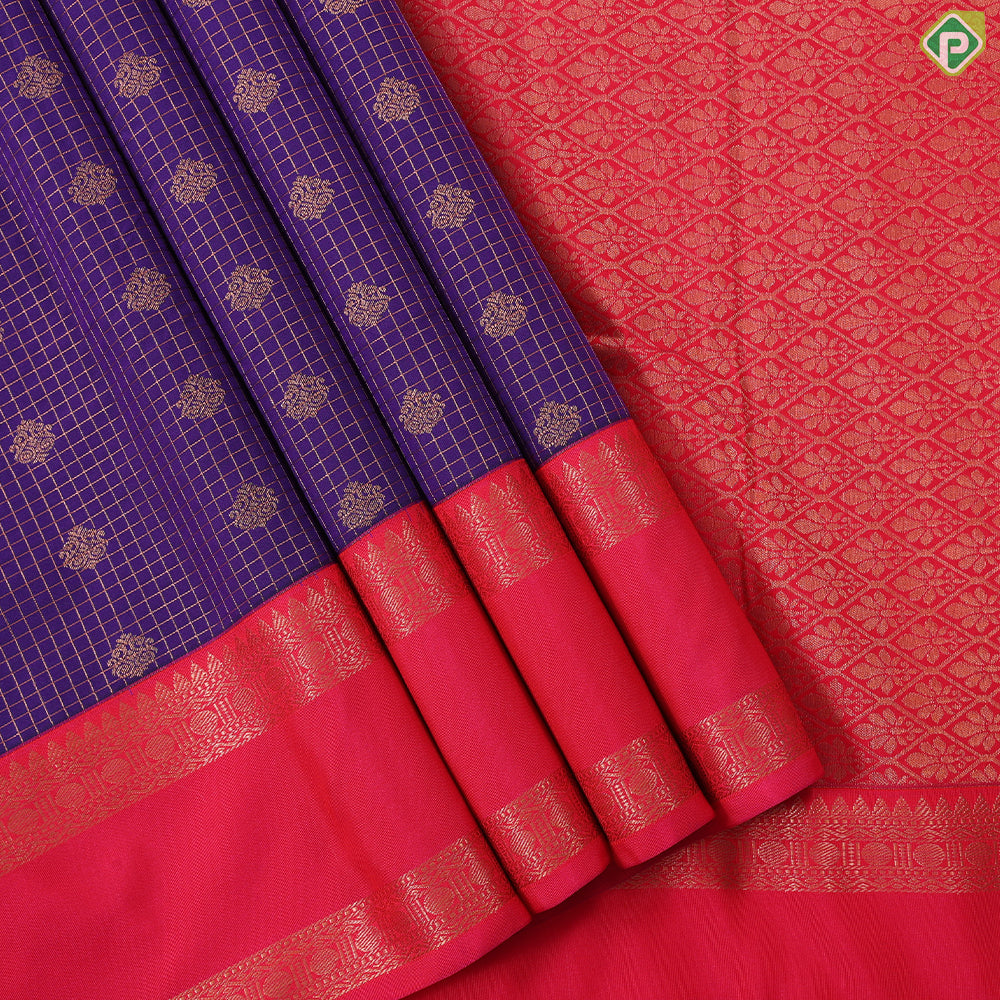 purple blue gold zari kattam and butta design contrast pink rettapet border art silk gift saree