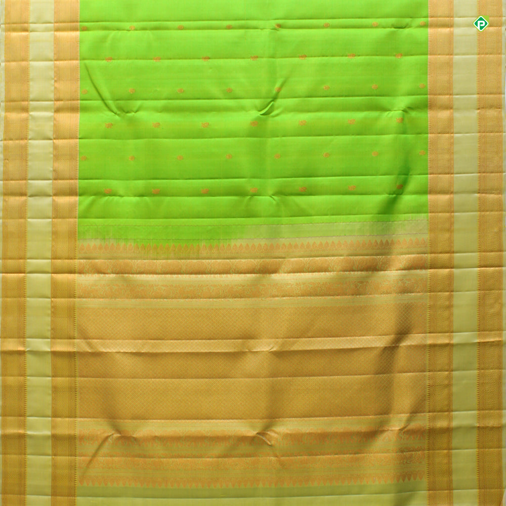 Kelly Green With Beige Colour Small Chakra And Peacock Motifs Traditional Silks Saree