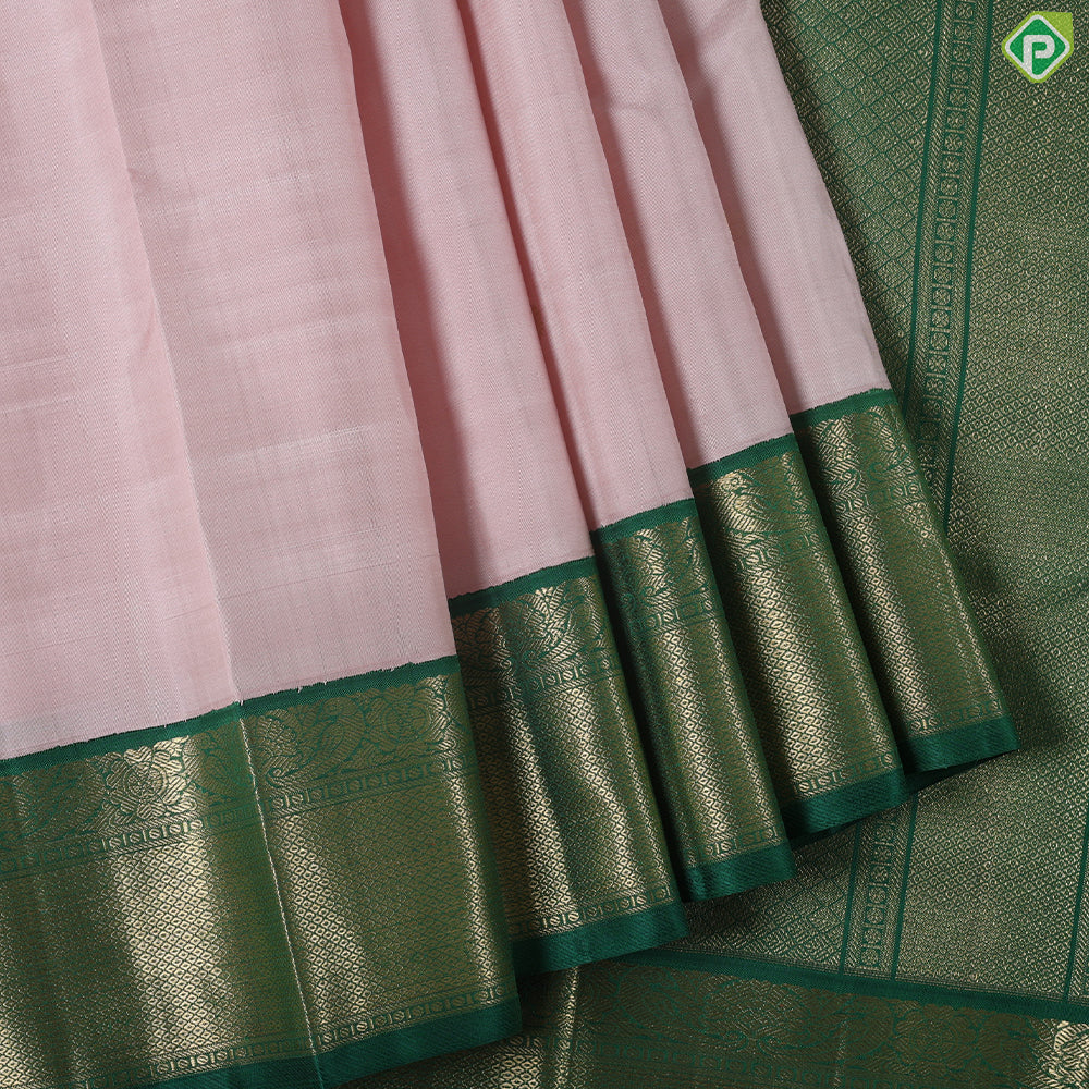 peach gold zari peacock rudraksham butta design contrast green gold zari diamond border traditional silk saree