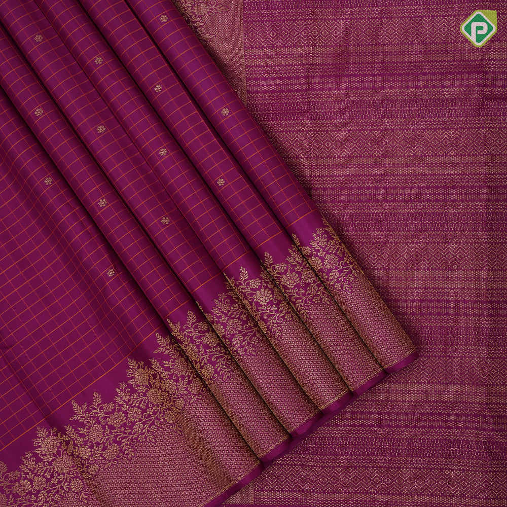 Purple base silk thread checks mid flower butta self gold zari fancy floral design border trendy designer silk saree