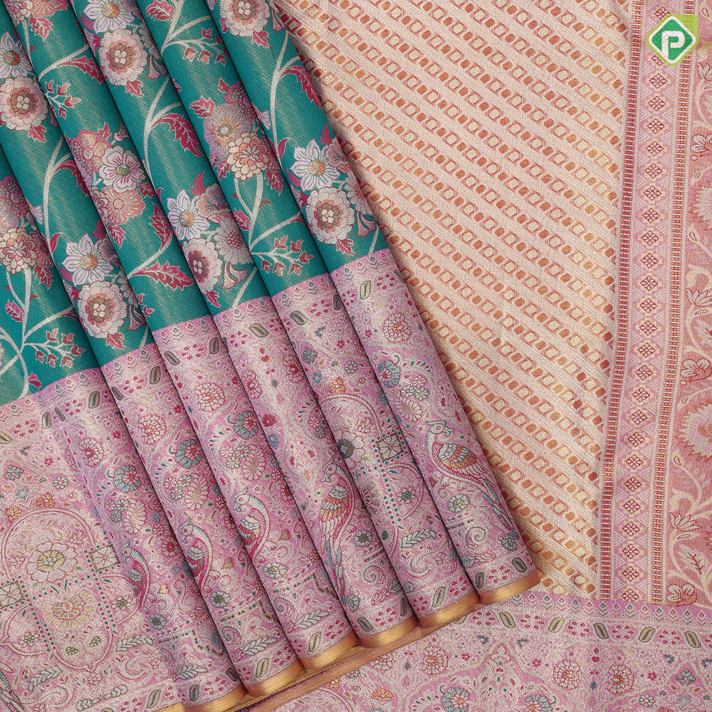 Forest green gold zari floral creeper design baby pink silver gold zari double peacock arch design meena work tissue silk saree