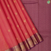 Pinkish orange gold zari vairaoosi checked mid round butta purple gold zari border traditional silk saree