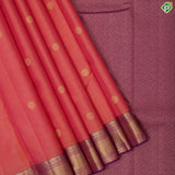 Pinkish orange gold zari vairaoosi checked mid round butta purple gold zari border traditional silk saree