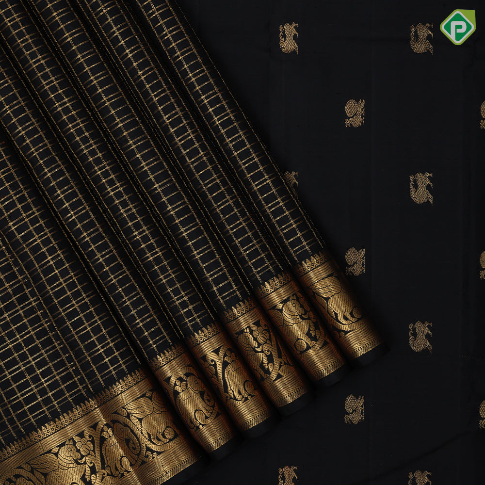 Black colour Gold Zari Checked Design Self Colour Elephant Horse Floral Border Design Luxury Black Silk Saree