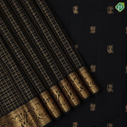 Black colour Gold Zari Checked Design Self Colour Elephant Horse Floral Border Design Luxury Black Silk Saree