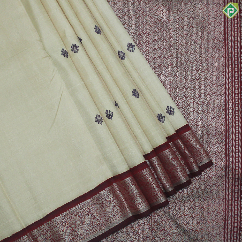 Cream Color Flower Motif With Red Color Peacock Design Border Thread Work Silk Saree