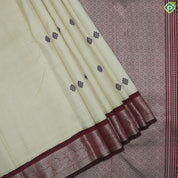Cream Color Flower Motif With Red Color Peacock Design Border Thread Work Silk Saree