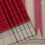 Chilly Red Thread Checked Design Sandal Wood Lines Border Design Traditional Silk Saree