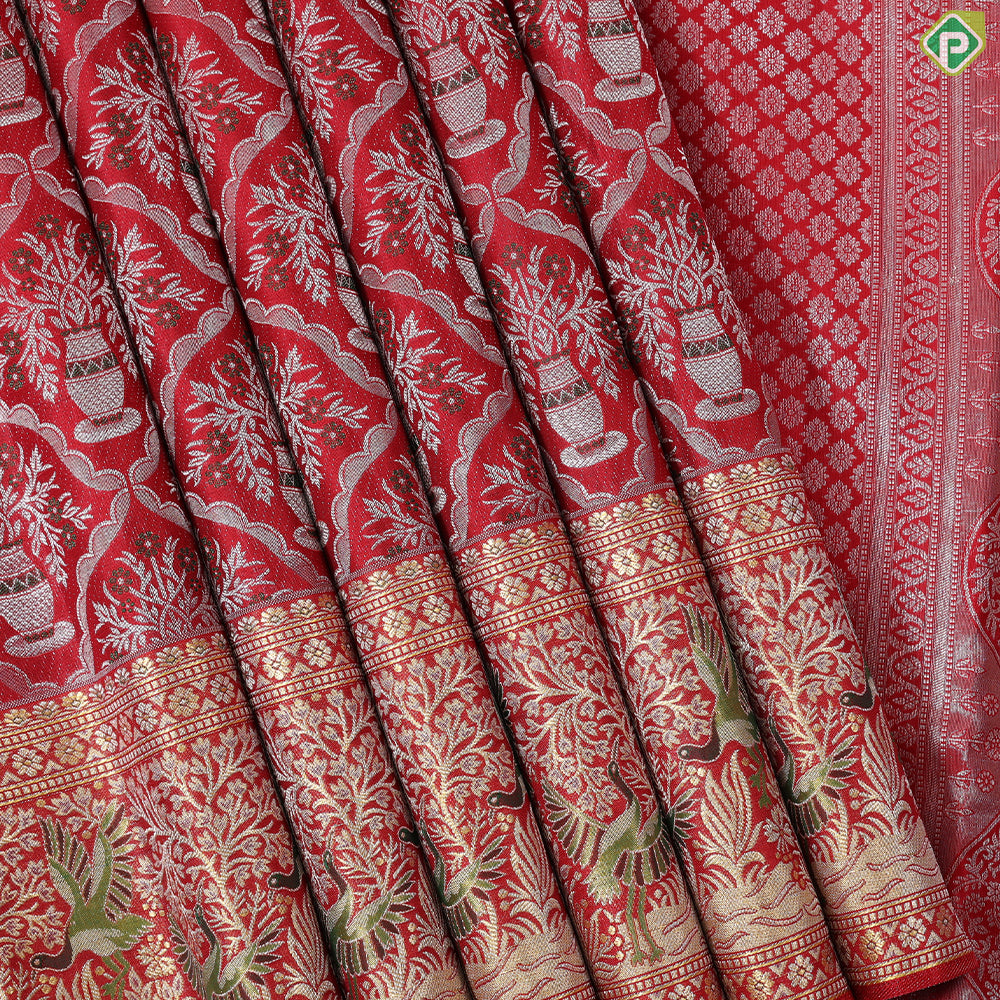 Chilly Red silver zari meena work pots into checks design self gold zari meena work border exclusive wedding silk saree