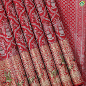 Chilly Red silver zari meena work pots into checks design self gold zari meena work border exclusive wedding silk saree
