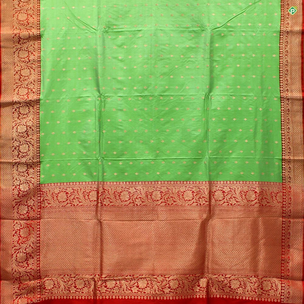 Pista Green With Chilly Red Colour Small Flower Motifs Pure  Banarasi Silks Saree