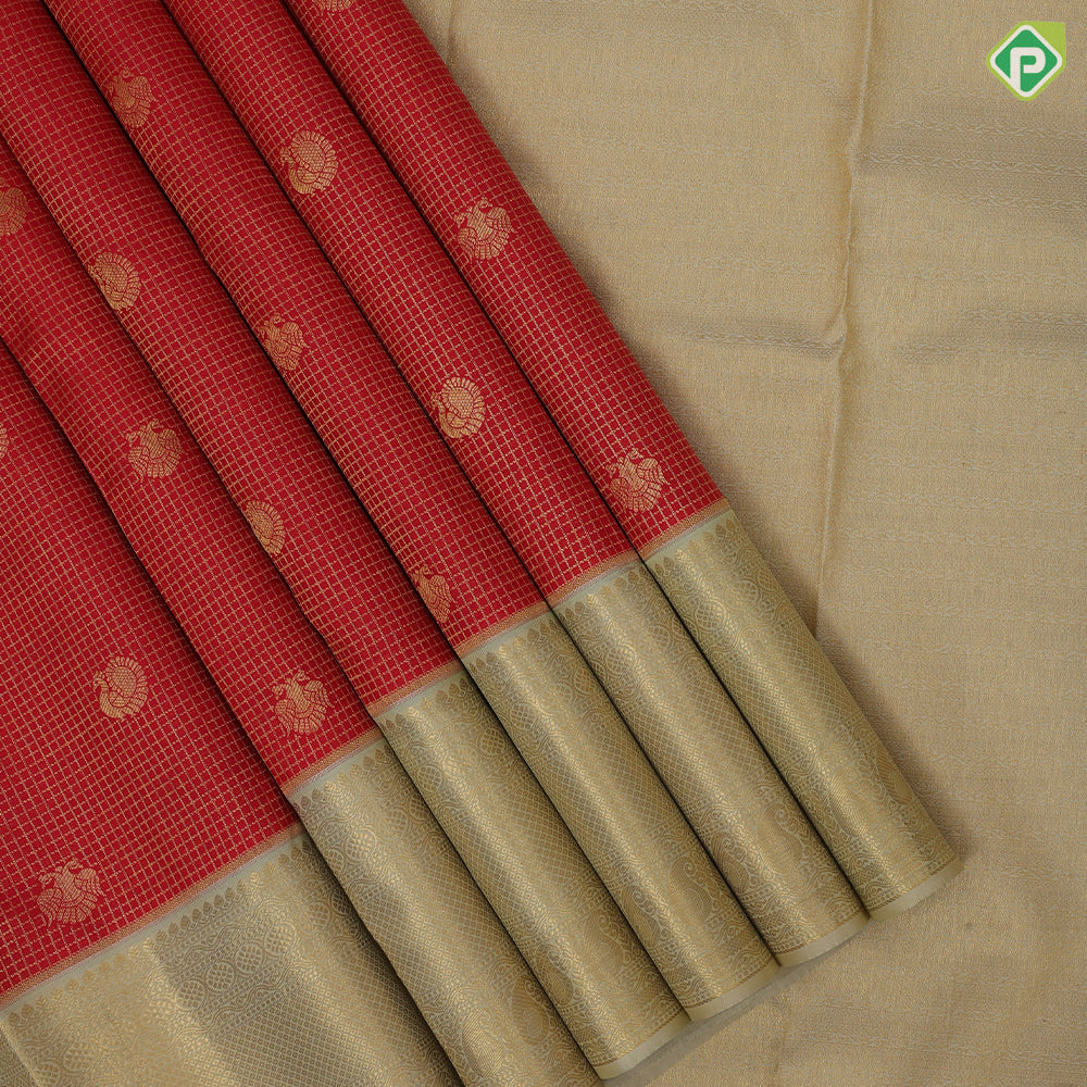 Candy apple red  gold  zari peacock checks  design milk white mango ruthratcha mayilkon border design traditional silk saree