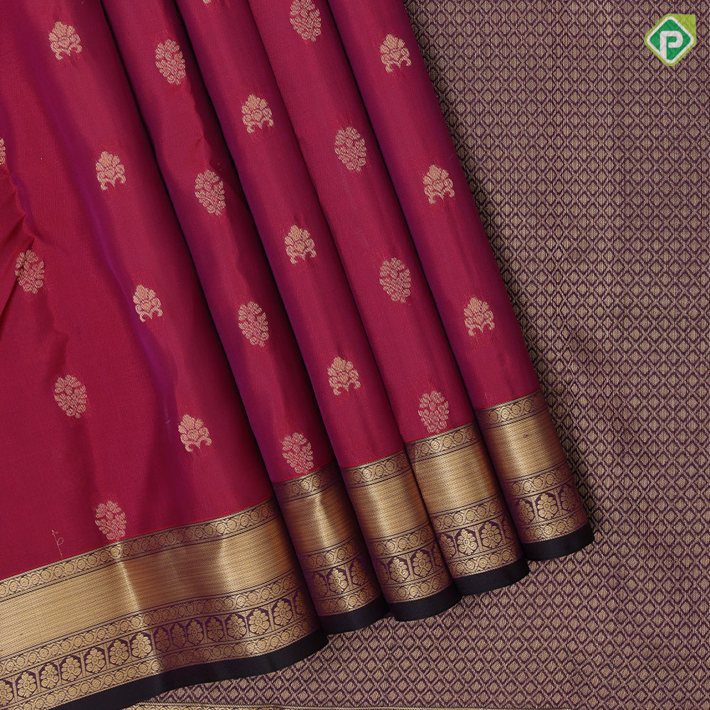 Chilly Red Gold Zari Flower Butta Design Purple Ruthracham Flower Border Design Pure Mix Silk Saree
