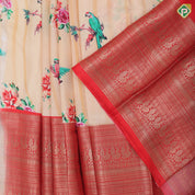Peach multi color rose bunch and parrot design red silver gold zari peacock multi lines border pattu paavadai lehanka