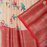 Peach multi color rose bunch and parrot design red silver gold zari peacock multi lines border pattu paavadai lehanka