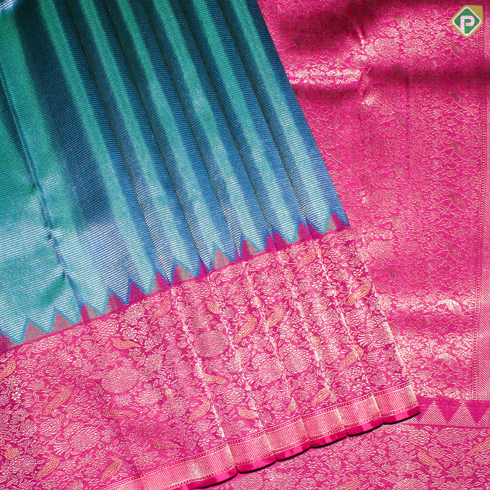 Peacock Green Gold Zari With Pink Color Flower And Birds Design Traditional Silk Saree