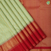 Pista Green Gold Zari Arrow Design Chilly Red Floral Border Design Traditional Silk Saree