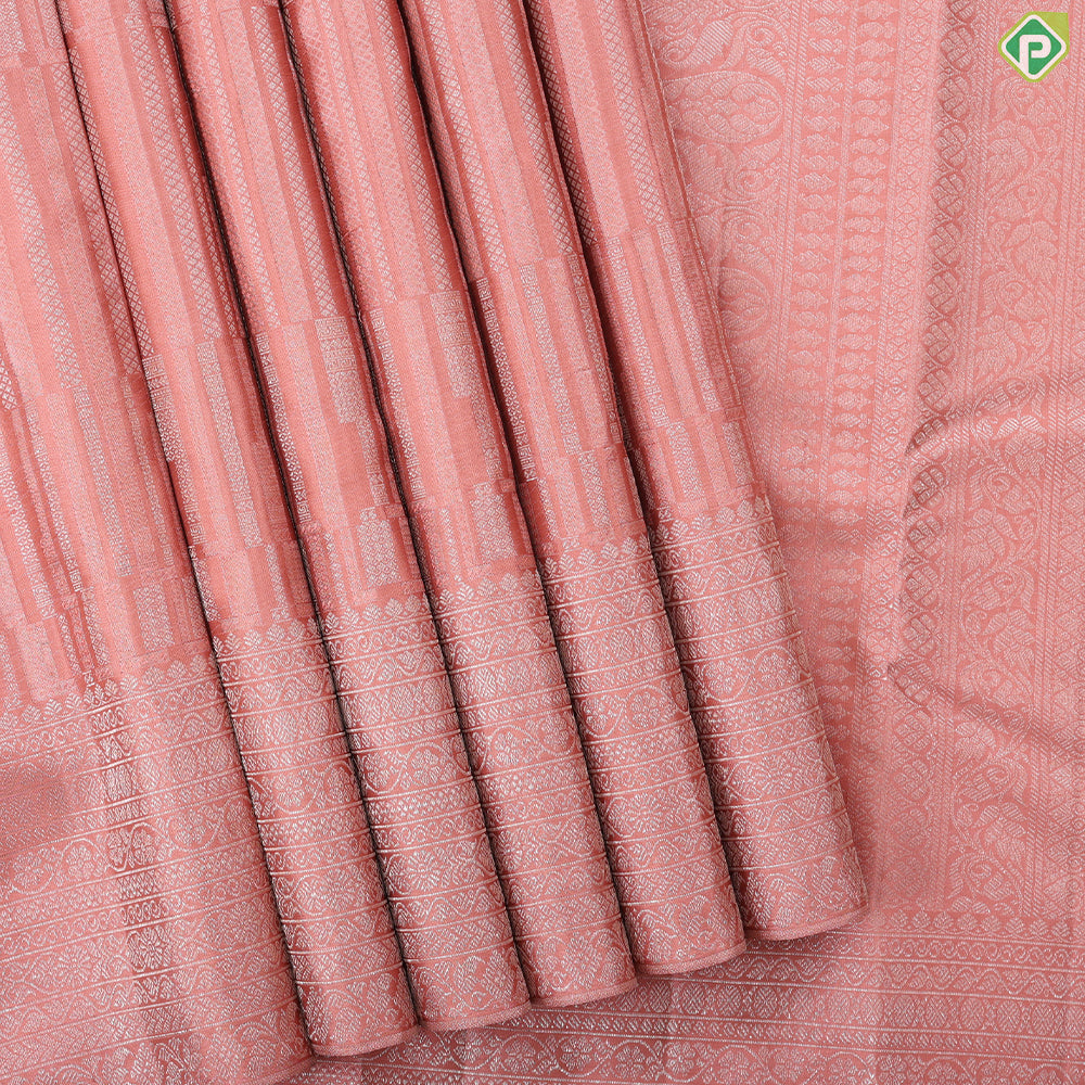 Onion pink silver antique zari pillars stripes design self silver zari rangoli multi line border trendy silk saree