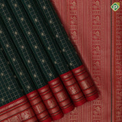 Bottle Green Gold Zari Checks Flower Motif Design Red Peacock Elephant Mango Border Design Traditional Silk Saree