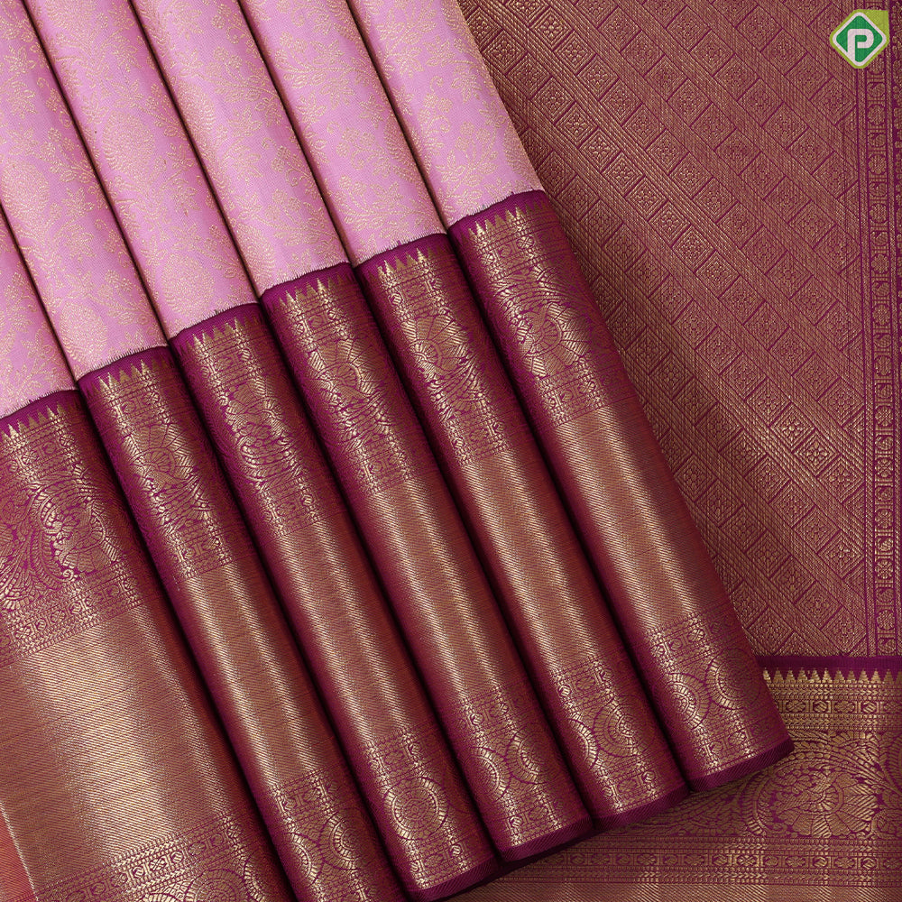 Baby pink with gold zari grand floral design purple pink gold zari border grand brocade bridal silk saree
