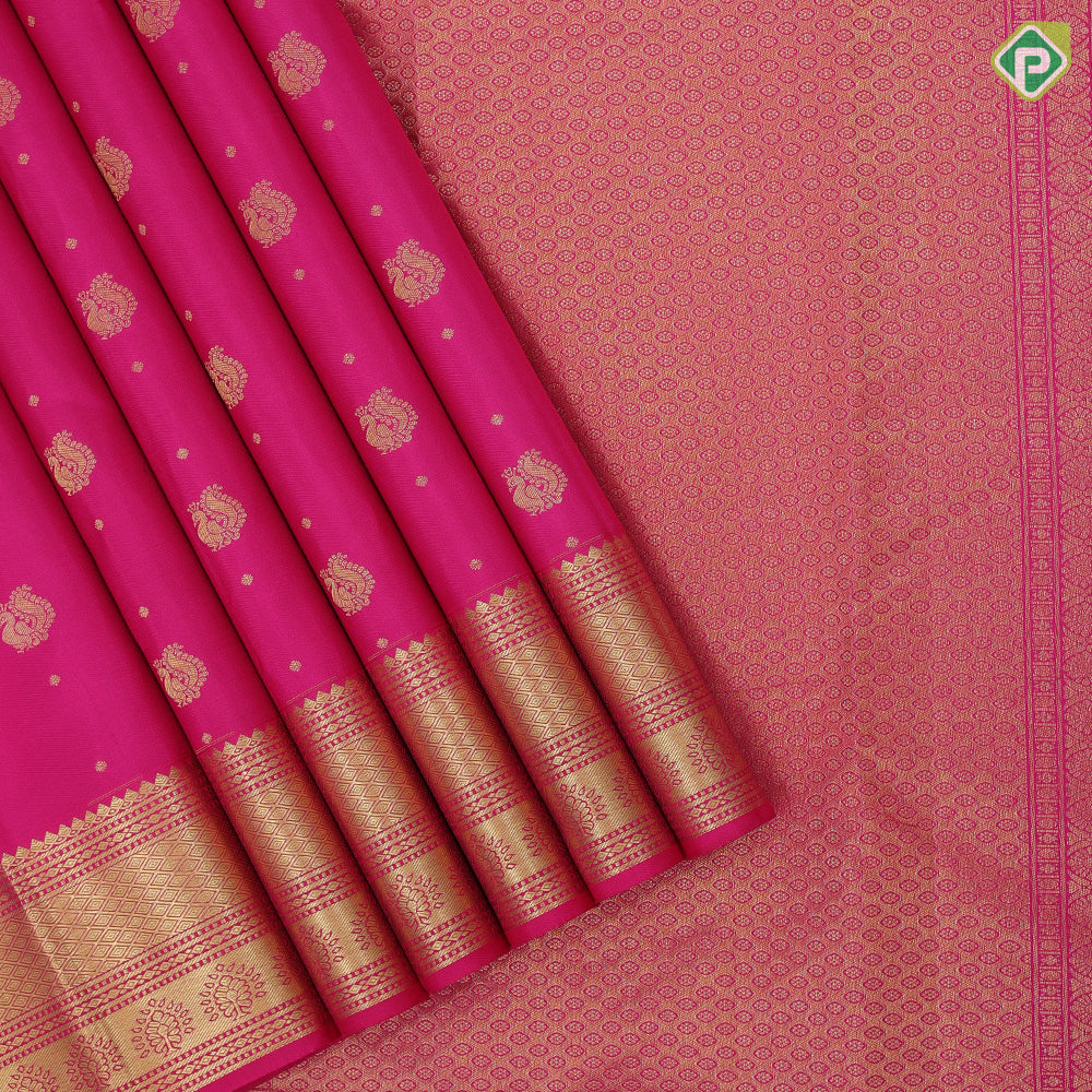 Rose pink gold zari peacock beads lines design self gold zari mayilkan flower butta border gift silk saree