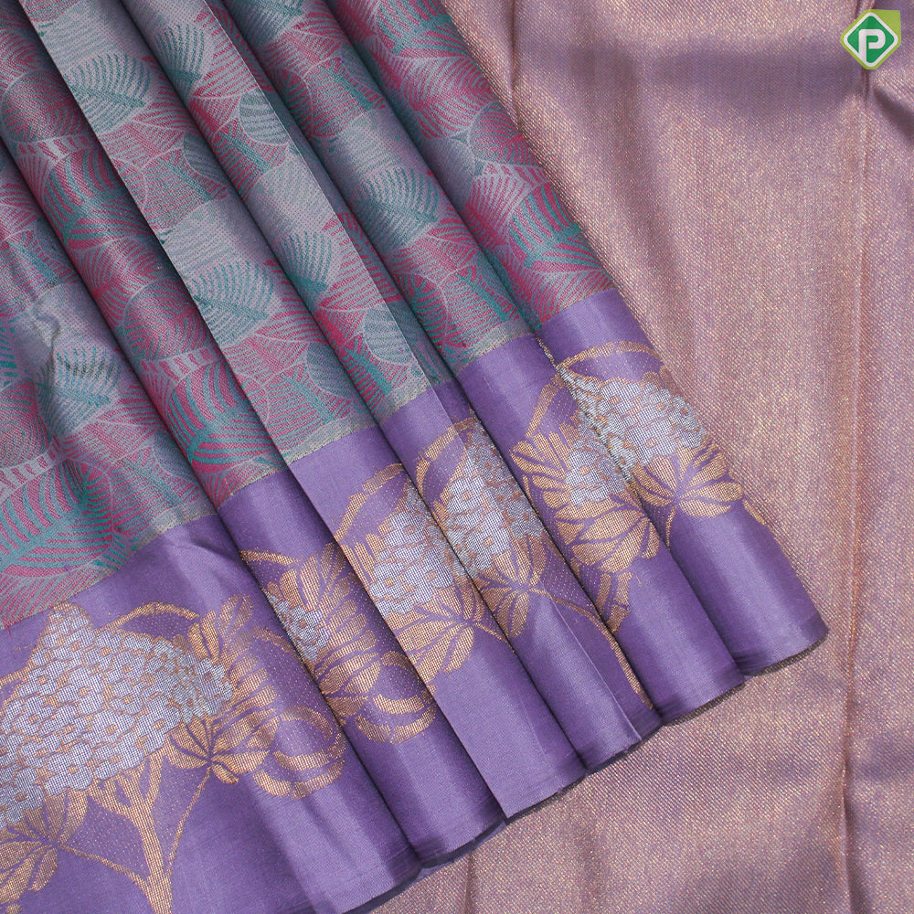 Gray Color Tree Design Gold And Silver Zari With Baby Pink Border Trendy Silk Saree