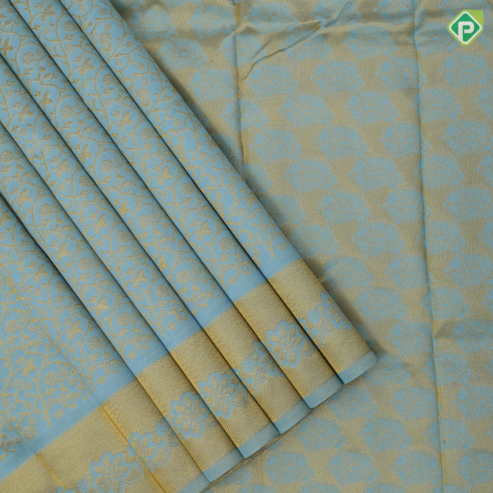 Blue Gold Zari Floral Design Self Colour Flower Floral Border Design Trendy Fancy Saree