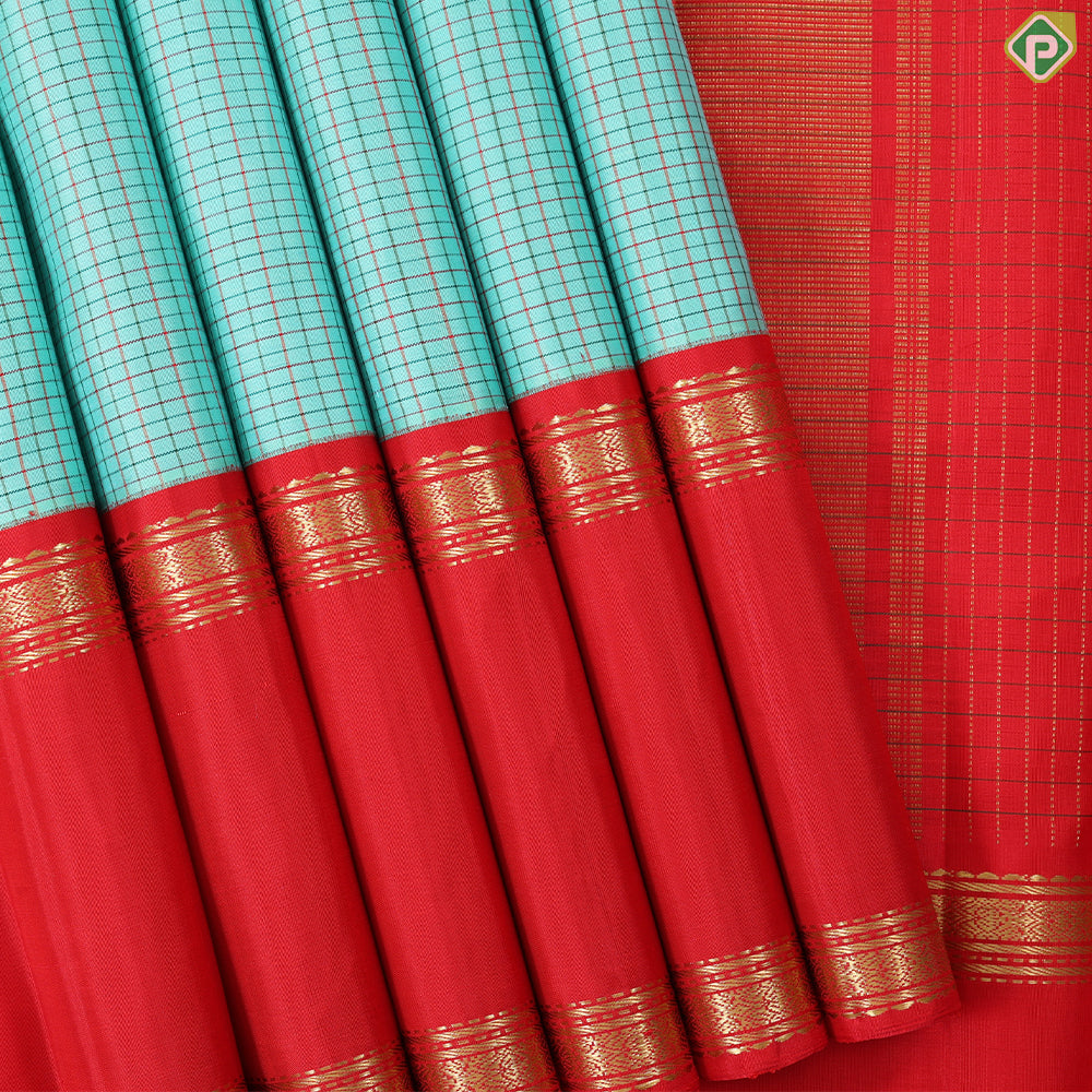 Tea Green with Multi color checkered contrast red rettapet border traditional silk saree