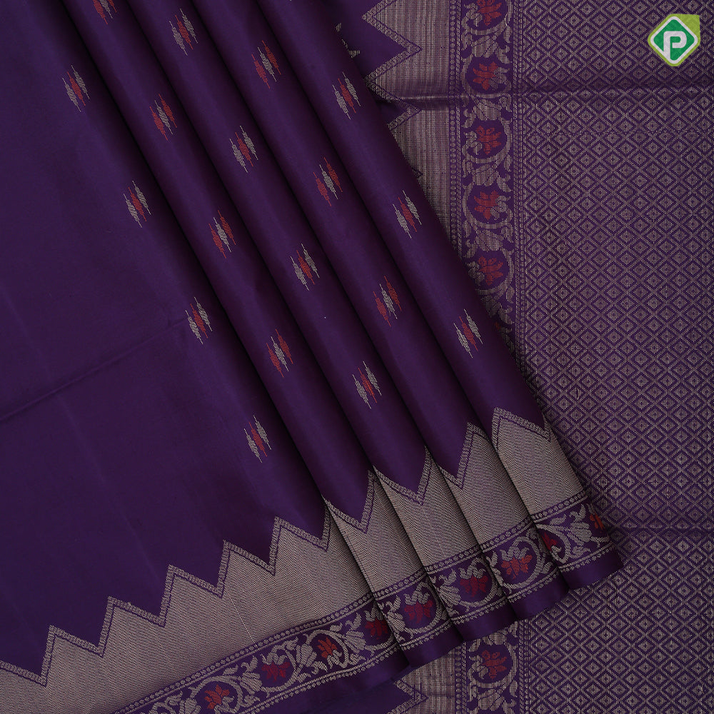 Purple group honey drop meena work butta design self gold zari meena work rangoli border soft silk saree