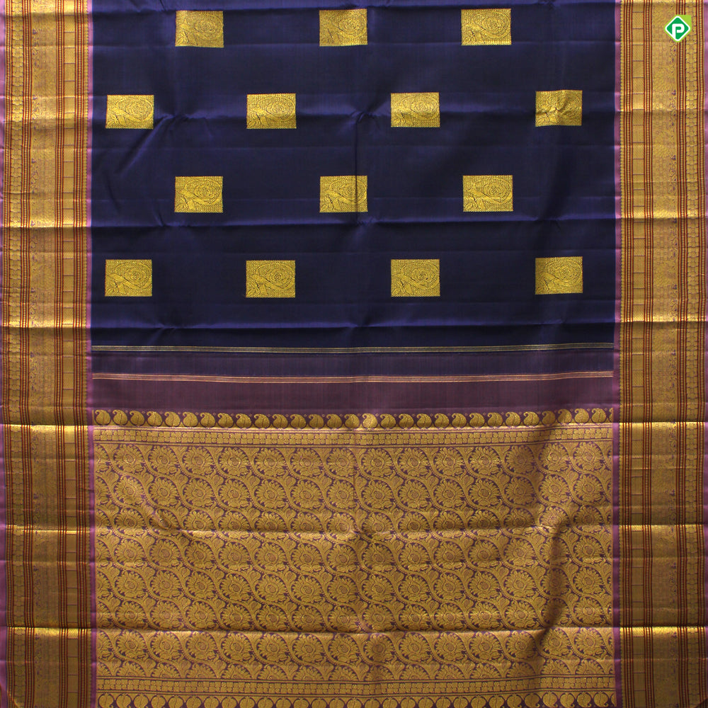 Indigo Blue With Lavender Pink Flower Motifs Traditional Silks Saree