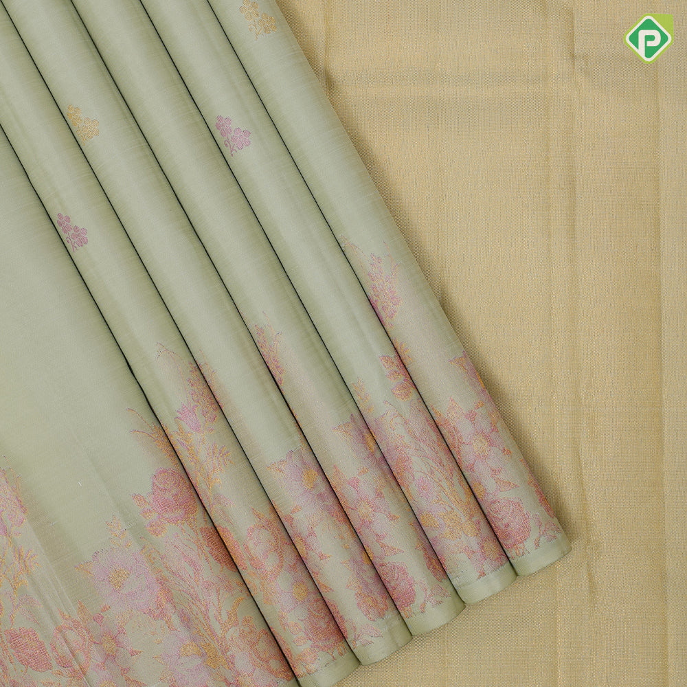Pista green rose gold neem zari fancy flower butta motifs self tuning floral border trendy designer silk saree