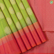 Parrot green silver gold zari round chakram butta design rani pink plain border soft silk saree