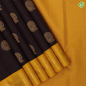 walnut brown gold zari peacock dancing butta design mustard yellow gold zari butta border traditional retro silk saree