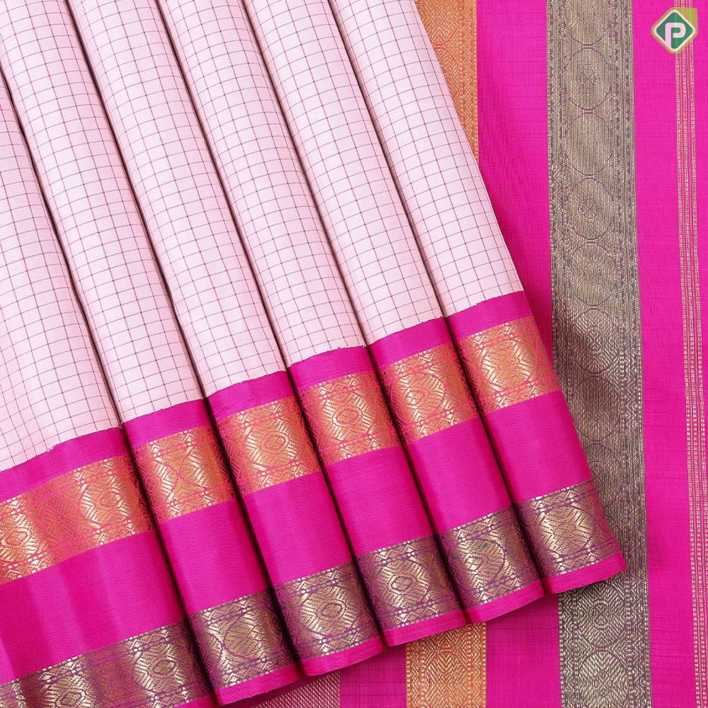 peach with pink silk thread small checkered contrast pink with gold zari rettapet gap border traditional silk saree