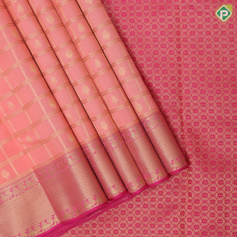 Peach gold zari window panel mid fancy butta pink gold zari fancy border Pure Mix silk saree