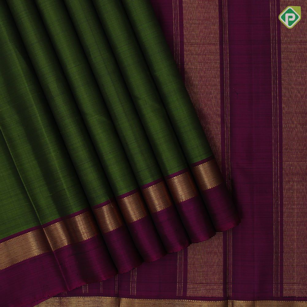 Bottle green plain weaved Purple gold zari border plain traditional vintage silk saree
