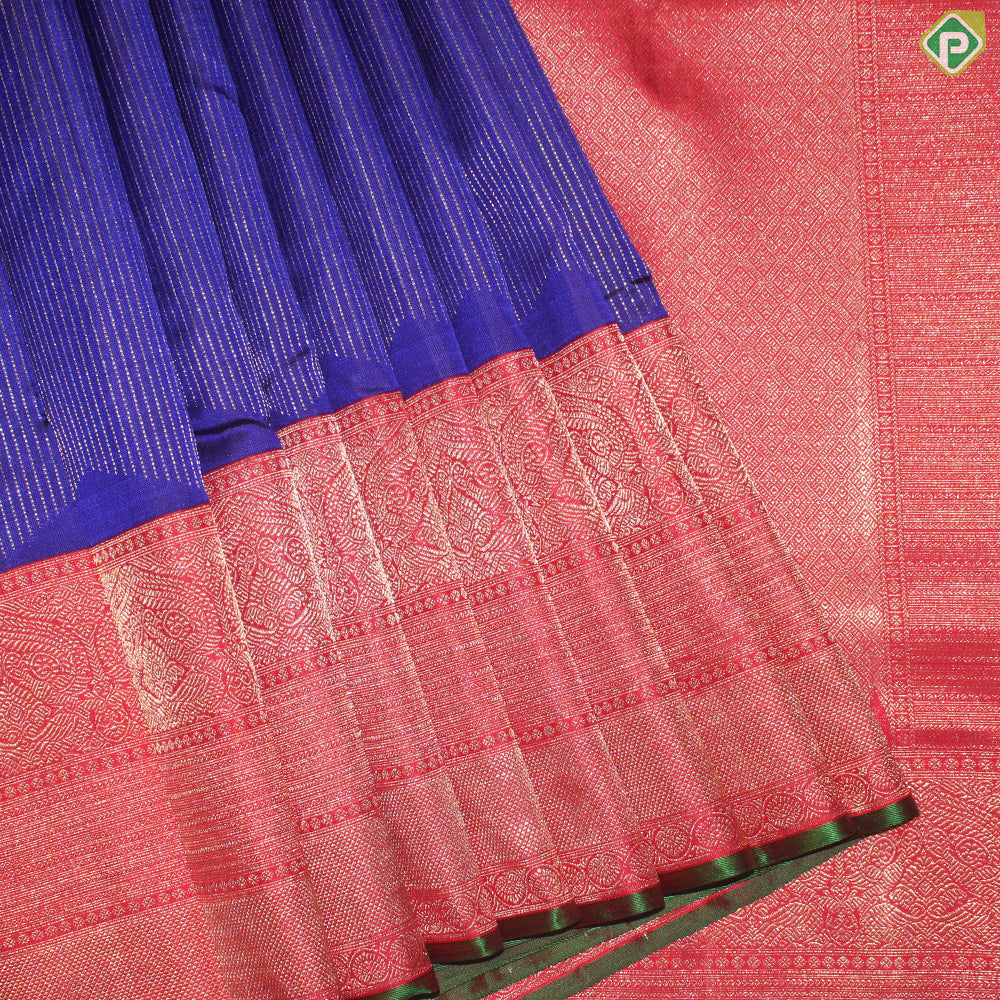 Ink Blue Silver Copper Zari Velthari Stripes Contrast Brick Red Gold Zari High Border Traditional Silk Saree
