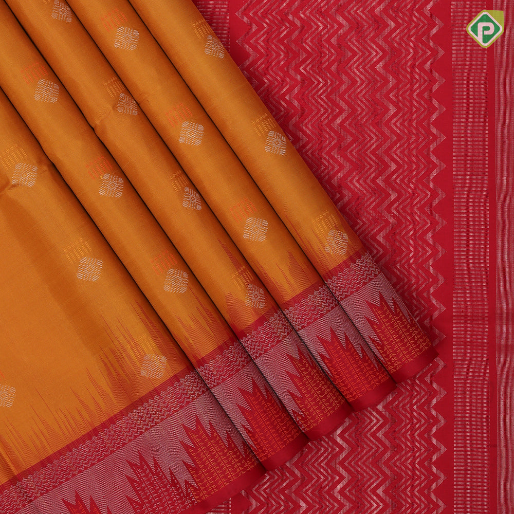 Tomato red silver zari silk thread fancy butta mustard yellow silver zari temple border soft silk saree